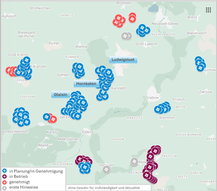 Übersichtskarte bestehender, genehmigter und geplanter Windräder im Umfeld von Ludwigslust